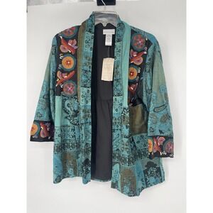 Soft Surroundings Silk Blend Cardigan Top Turquoise Embroidered Women's Medium